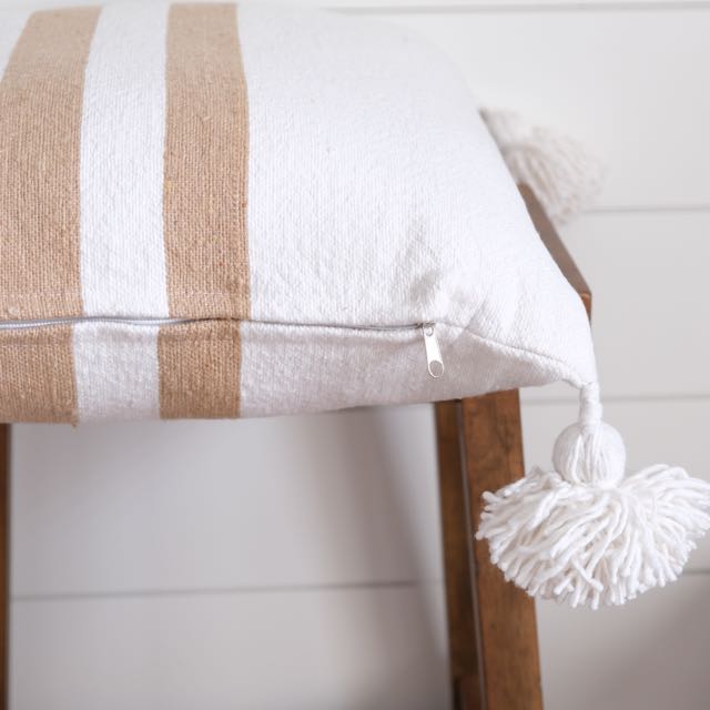 White & Tan Striped Pom Pom Pillow