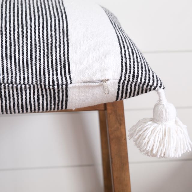 Classic White & Black Striped Pom Pom Pillow