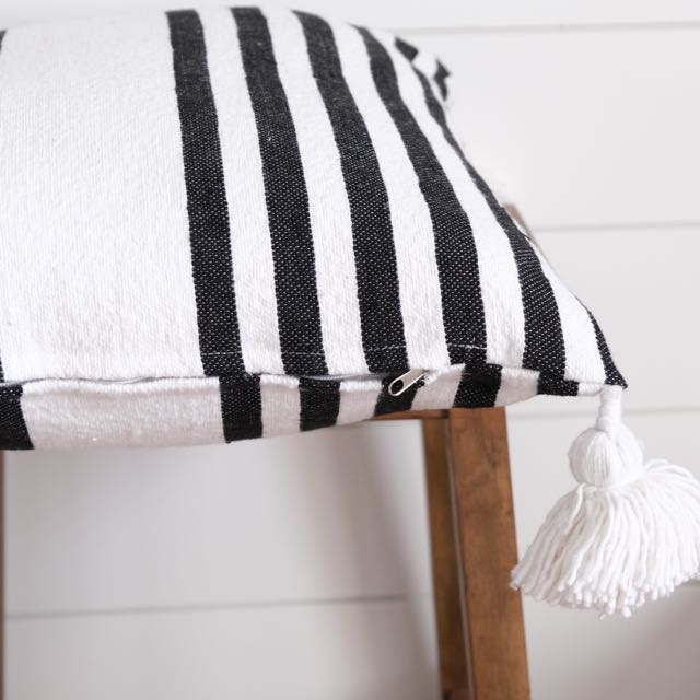 Vintage White & Black Striped Pom Pom Pillow