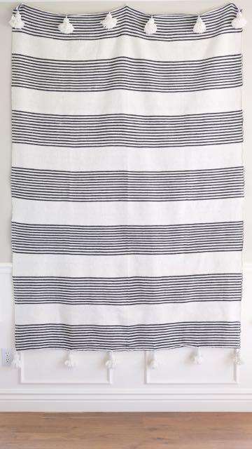 Adilah- White & Black Striped Pom Pom Blanket The Cozy Throw 59"x59"in 